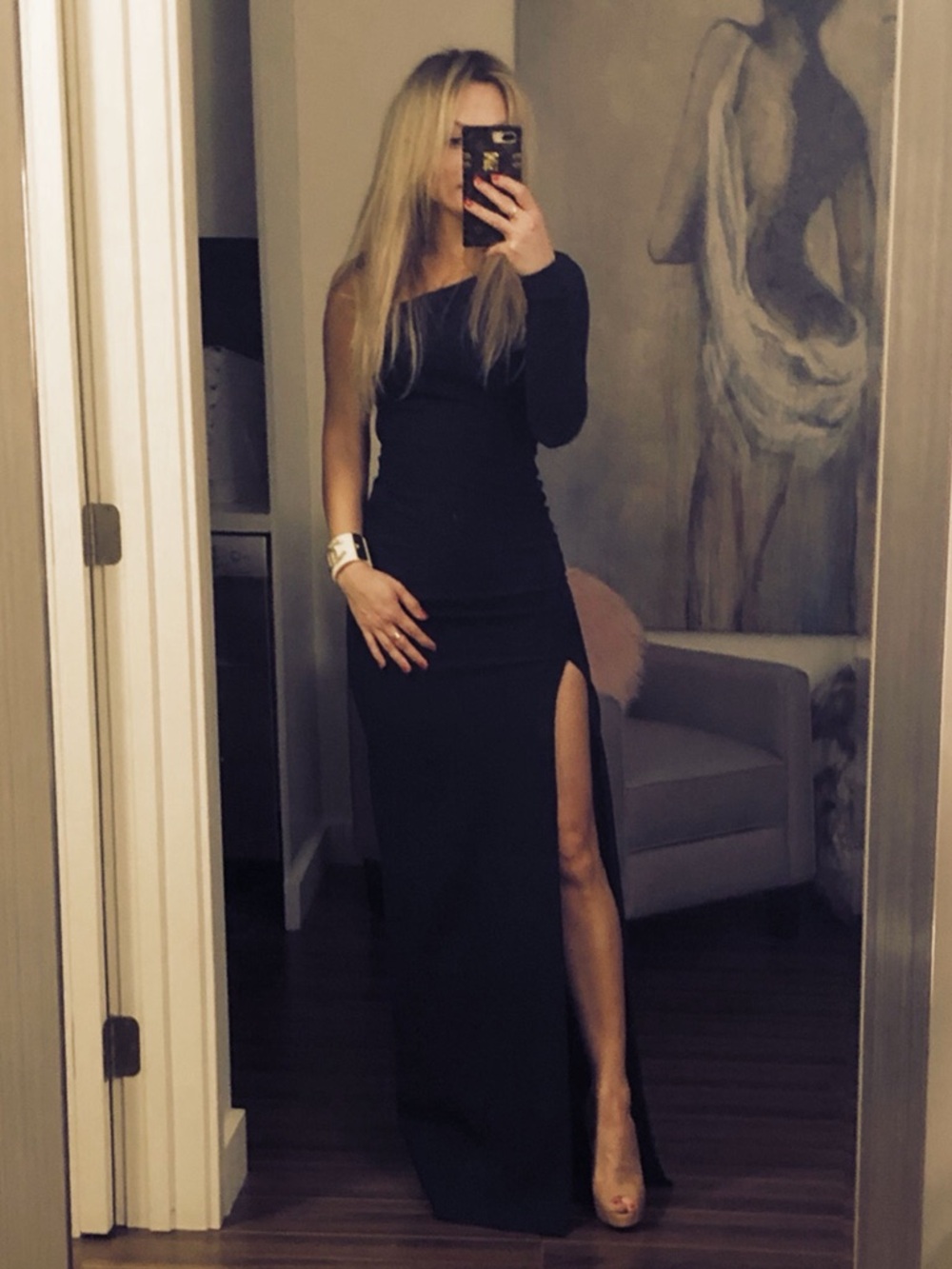 Elizabeth and James Navy Blue One-Shoulder Maxi formal Gown w/ Slit 2